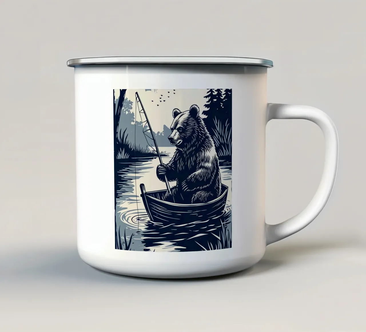 Orso che pesca in barca tazza in smalto da DesignDoodle