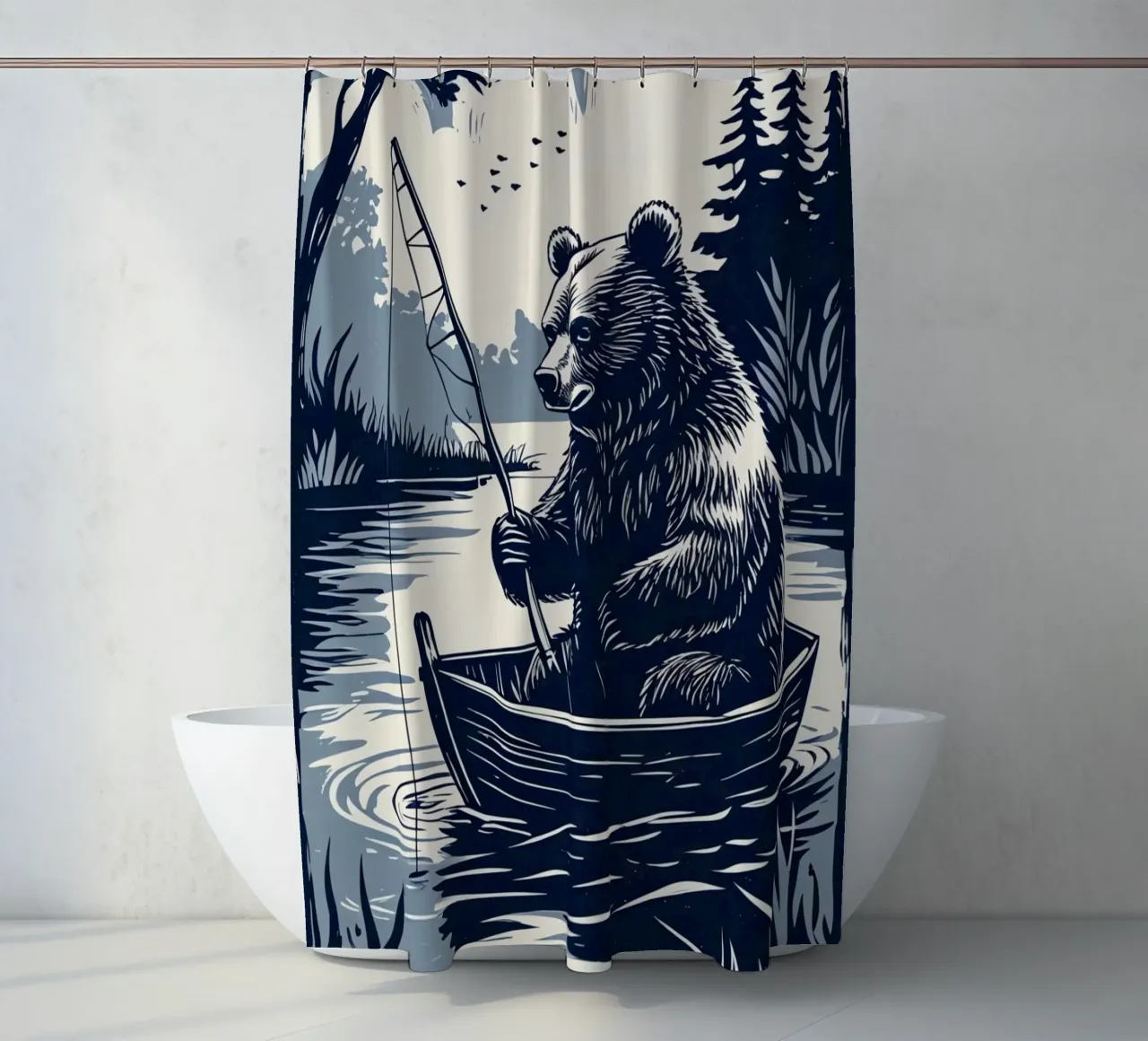 Bär beim Fischen in einem Boot Duschvorhang von DesignDoodle