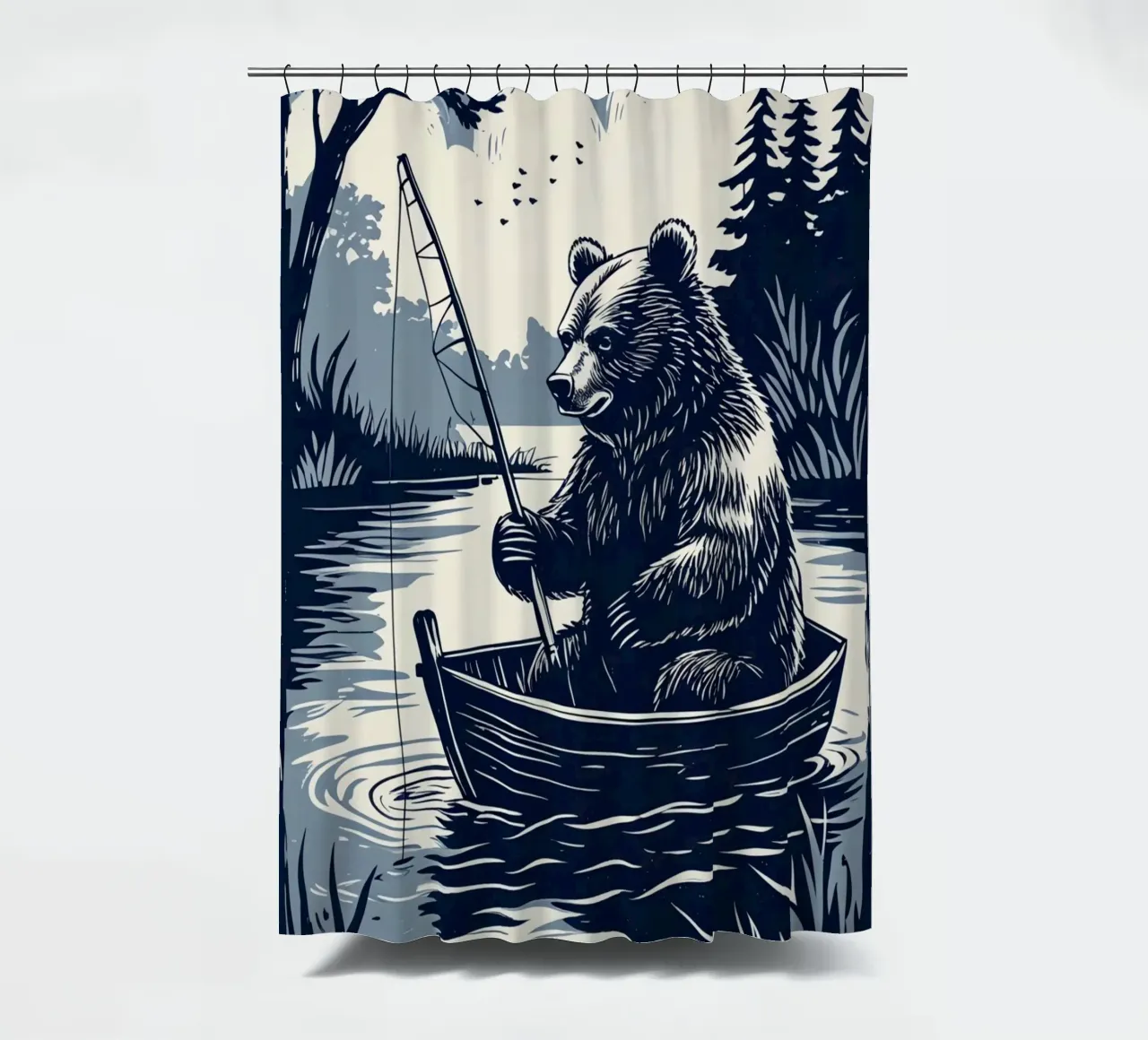 Bär beim Fischen in einem Boot Duschvorhang von DesignDoodle