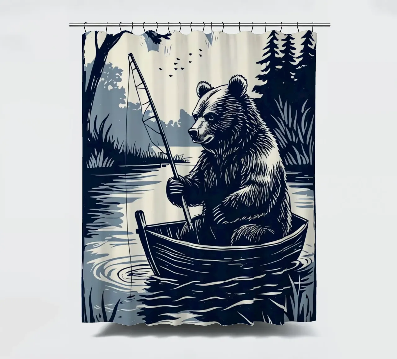 Bär beim Fischen in einem Boot Duschvorhang von DesignDoodle