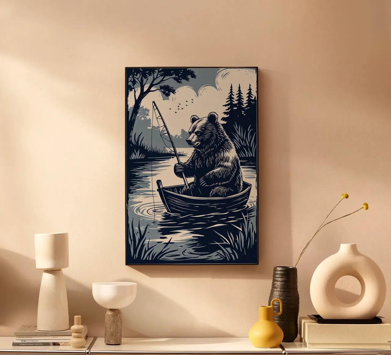 Bär beim Fischen in einem Boot Alu-Dibond von DesignDoodle