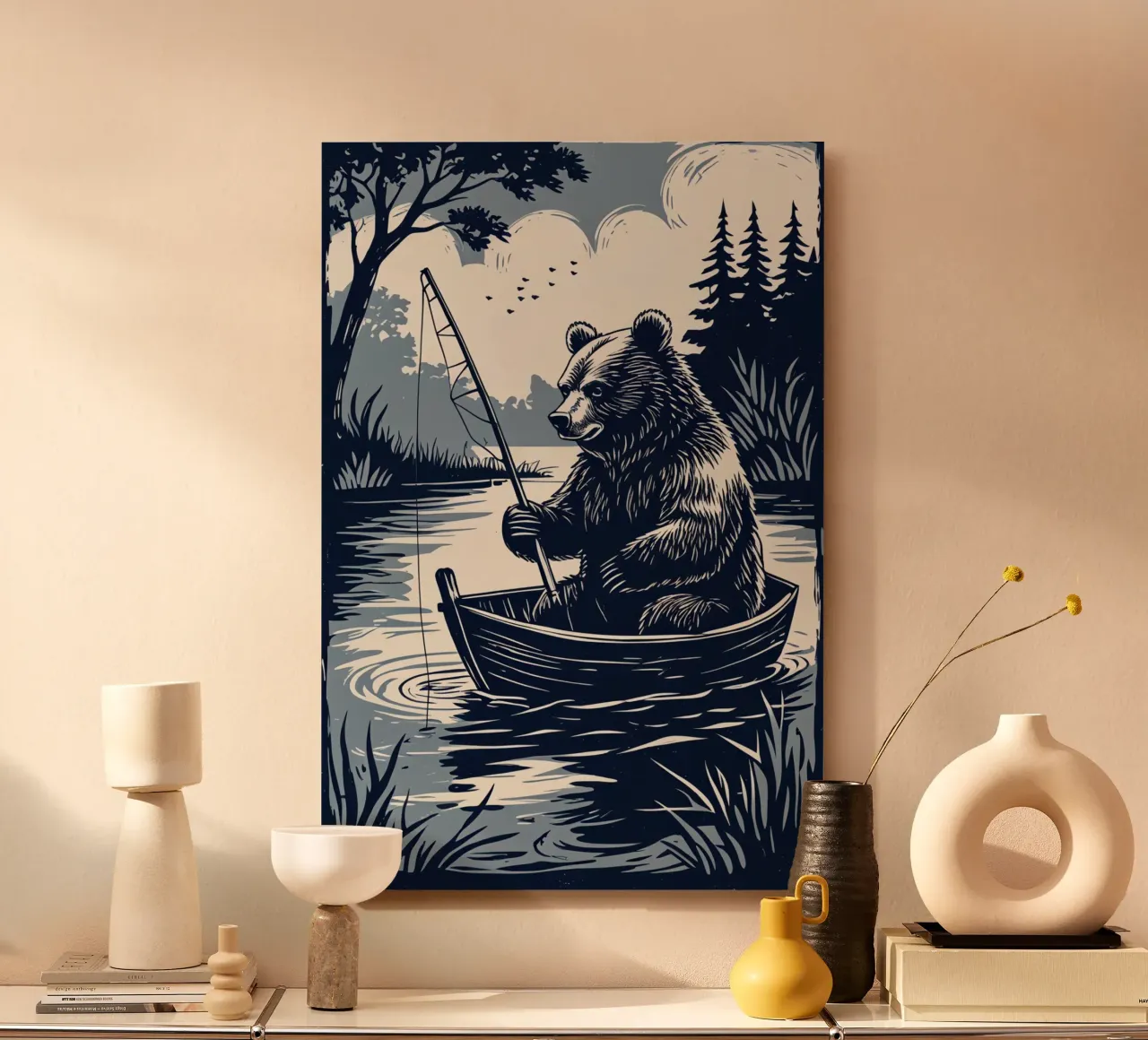 Bär beim Fischen in einem Boot Alu-Dibond von DesignDoodle