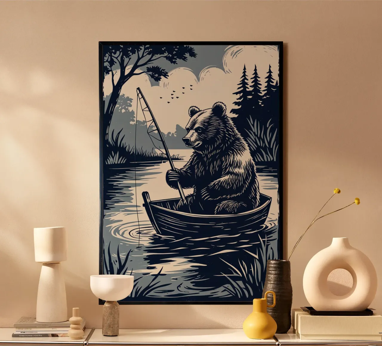 Bär beim Fischen in einem Boot Hahnemühle von DesignDoodle
