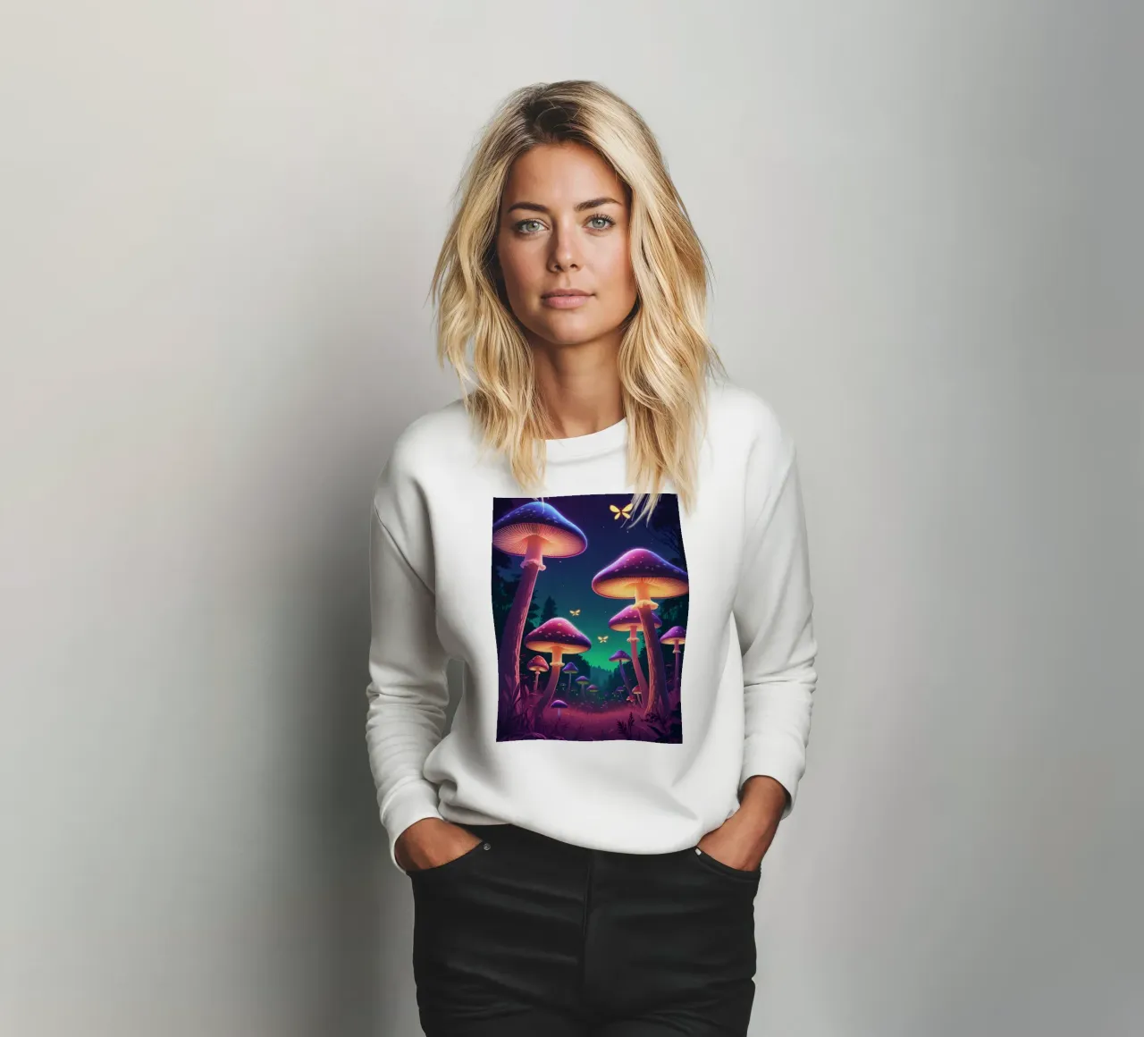 Setas bioluminiscentes y luciérnagas en la noche del bosque sudadera de DesignDoodle