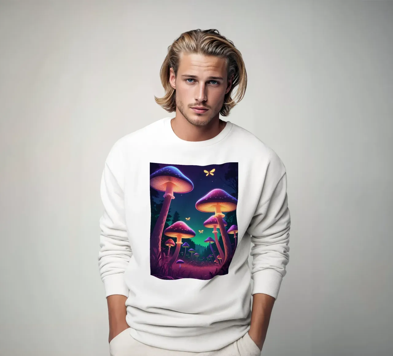 Setas bioluminiscentes y luciérnagas en la noche del bosque sudadera de DesignDoodle