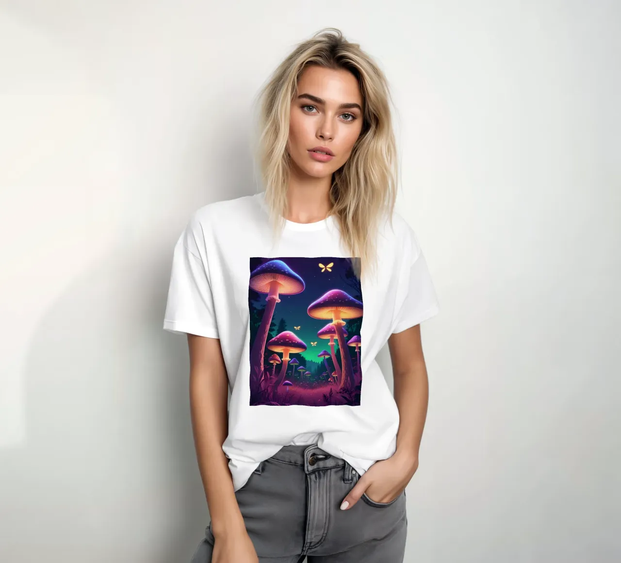 Setas bioluminiscentes y luciérnagas en la noche del bosque camiseta de DesignDoodle