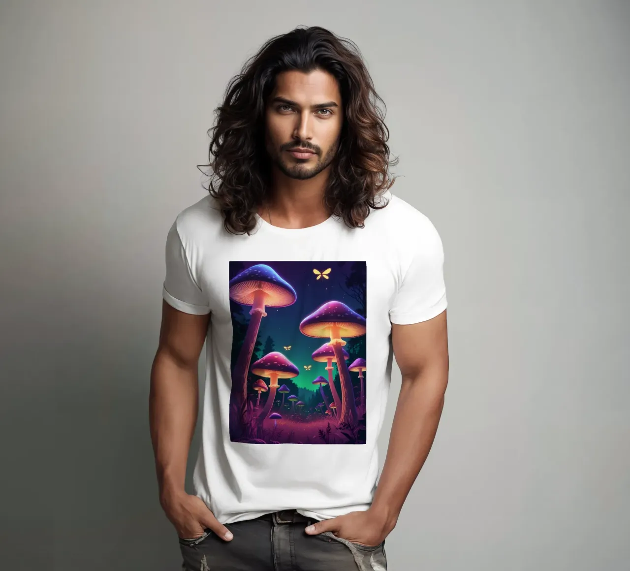 Setas bioluminiscentes y luciérnagas en la noche del bosque camiseta de DesignDoodle