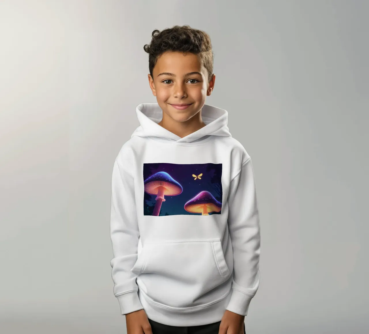 Setas bioluminiscentes y luciérnagas en la noche del bosque sudadera con capucha para niño de DesignDoodle
