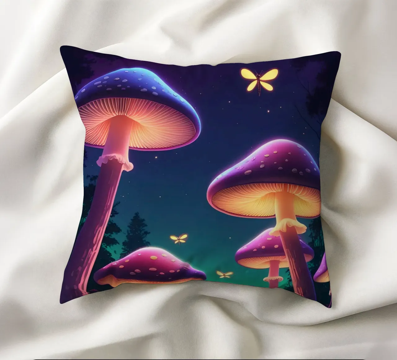 Funghi bioluminescenti e lucciole nella notte della foresta cuscino da DesignDoodle