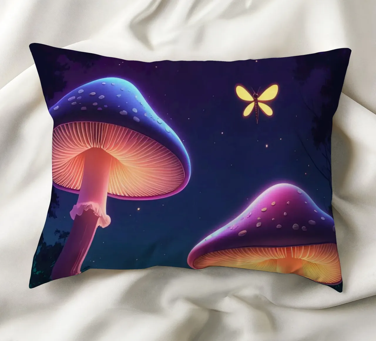 Funghi bioluminescenti e lucciole nella notte della foresta cuscino da DesignDoodle