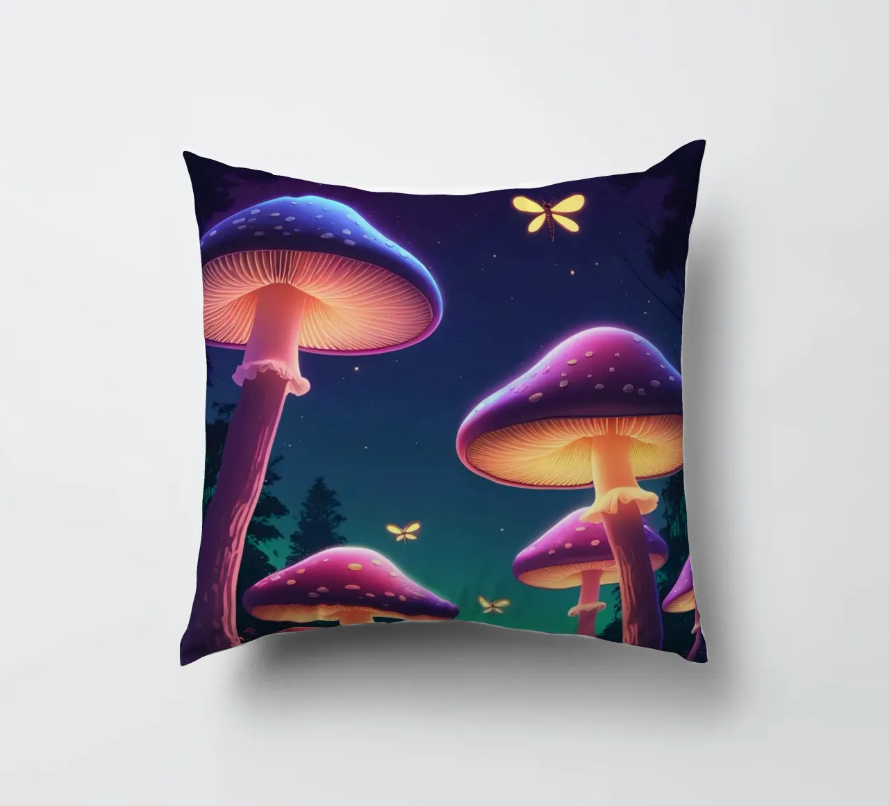 Funghi bioluminescenti e lucciole nella notte della foresta cuscino da DesignDoodle