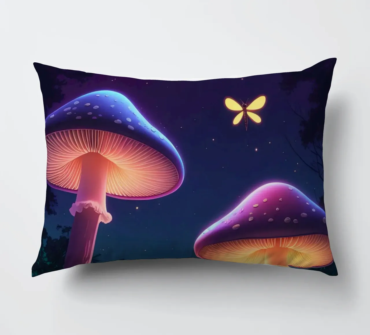 Funghi bioluminescenti e lucciole nella notte della foresta cuscino da DesignDoodle