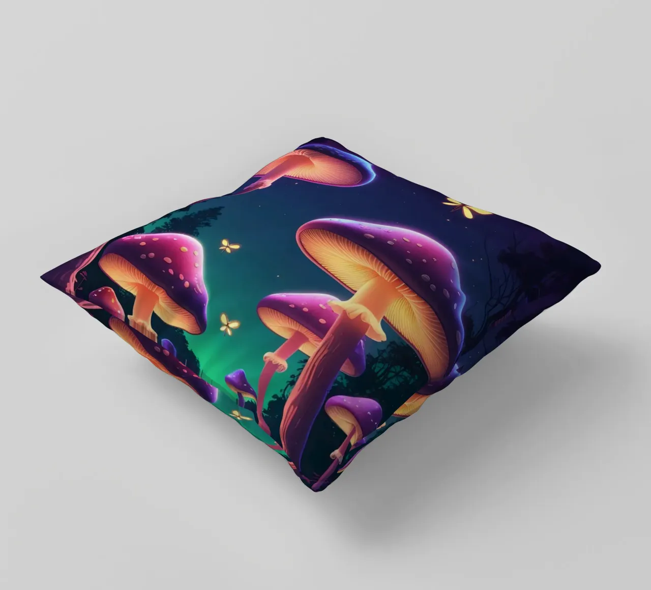 Funghi bioluminescenti e lucciole nella notte della foresta cuscino da DesignDoodle
