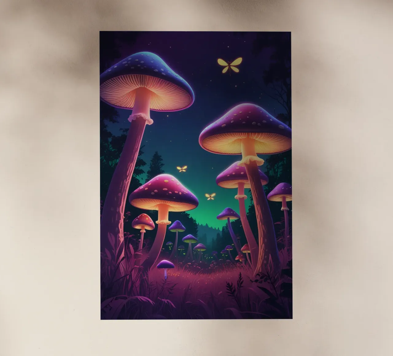 Funghi bioluminescenti e lucciole nella notte della foresta pellicola backlit da DesignDoodle