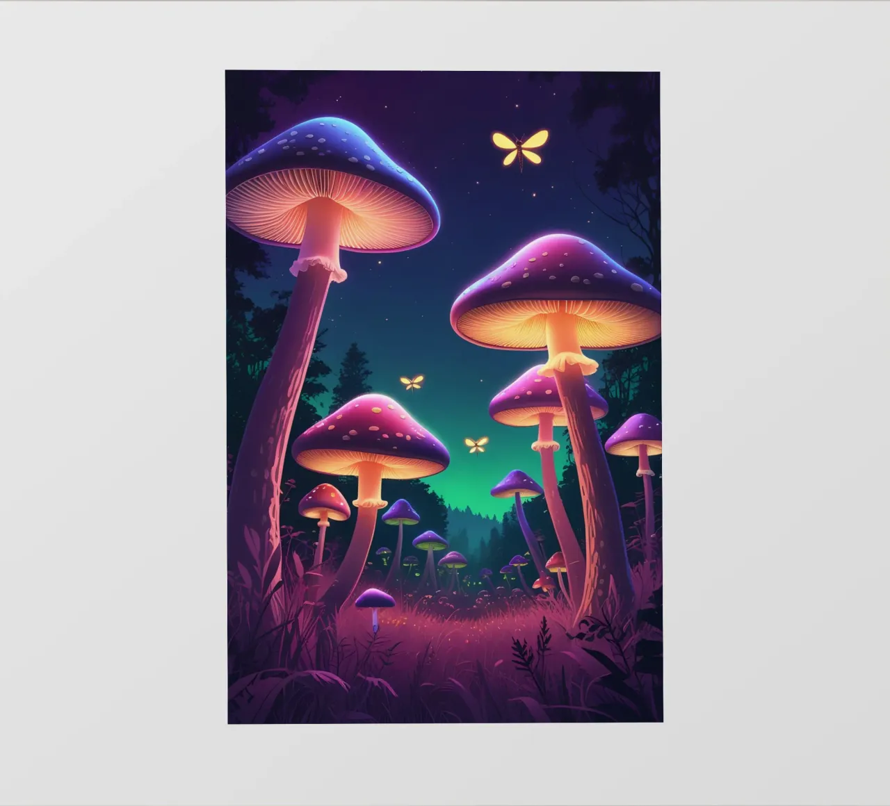 Funghi bioluminescenti e lucciole nella notte della foresta pellicola backlit da DesignDoodle