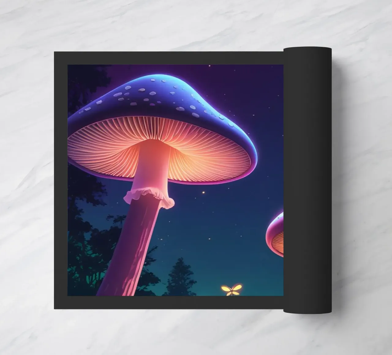 Funghi bioluminescenti e lucciole nella notte della foresta zerbino da DesignDoodle