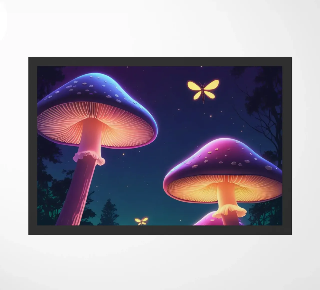Funghi bioluminescenti e lucciole nella notte della foresta zerbino da DesignDoodle