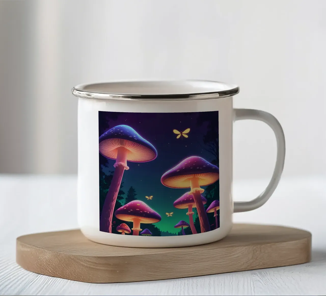 Funghi bioluminescenti e lucciole nella notte della foresta tazza in smalto da DesignDoodle