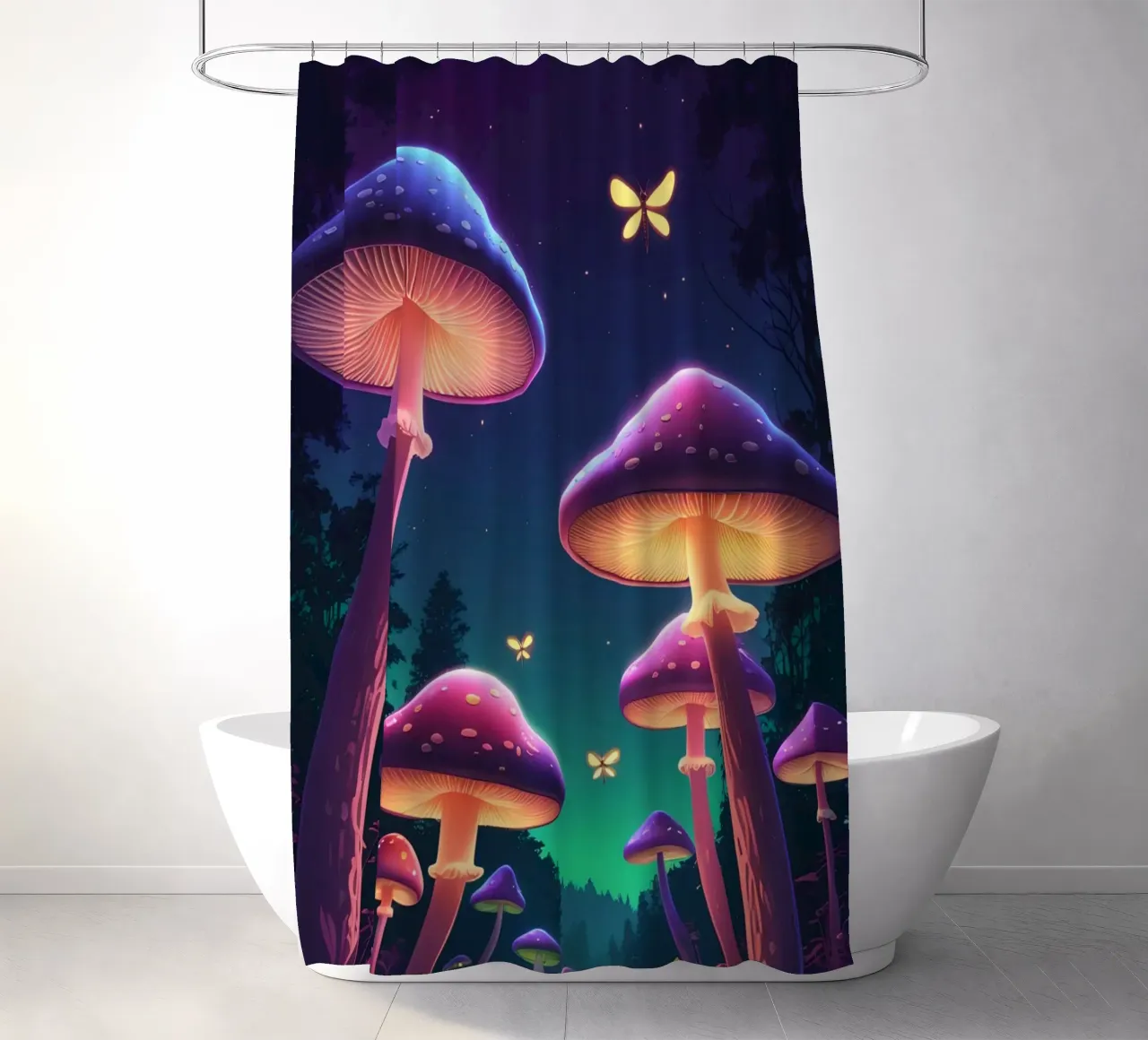 Funghi bioluminescenti e lucciole nella notte della foresta tenda da doccia da DesignDoodle