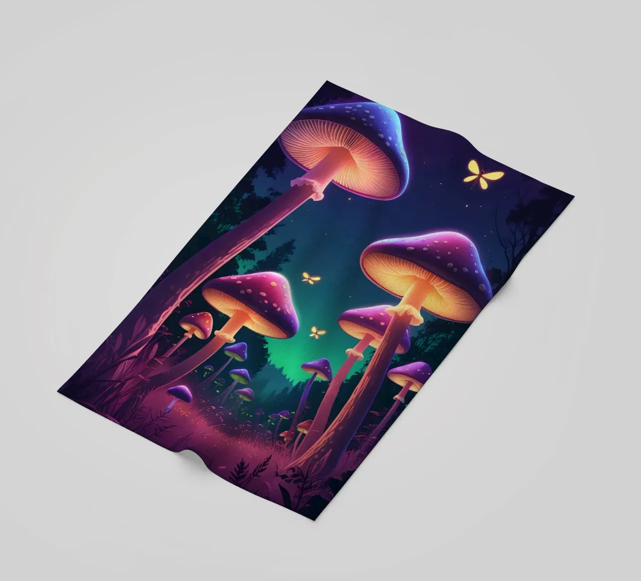 Funghi bioluminescenti e lucciole nella notte della foresta telo mare da DesignDoodle