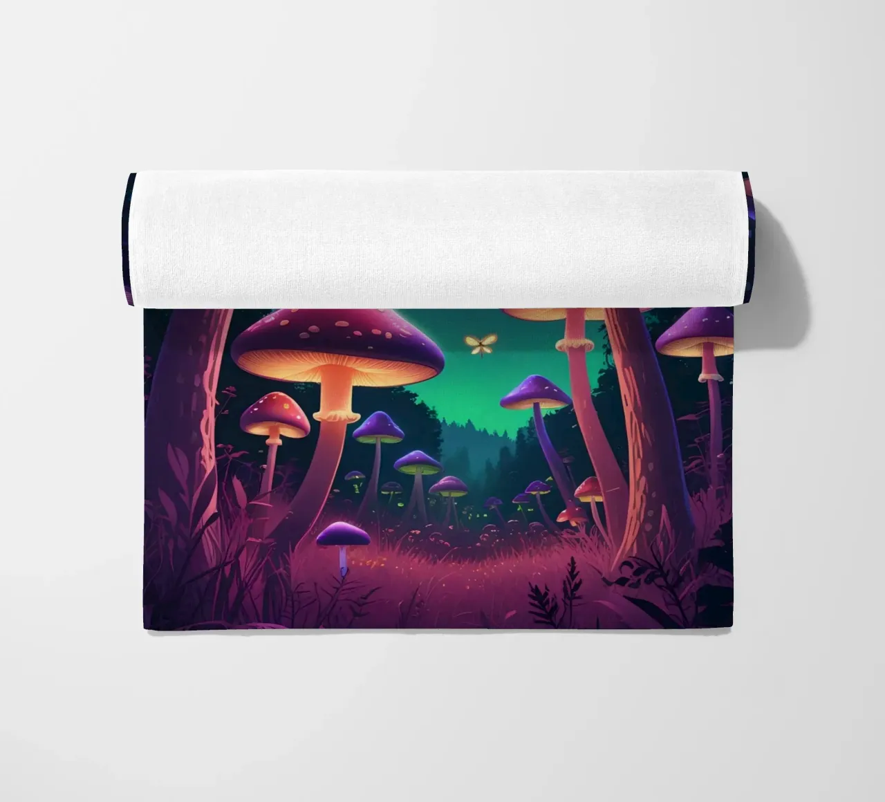 Funghi bioluminescenti e lucciole nella notte della foresta telo mare da DesignDoodle