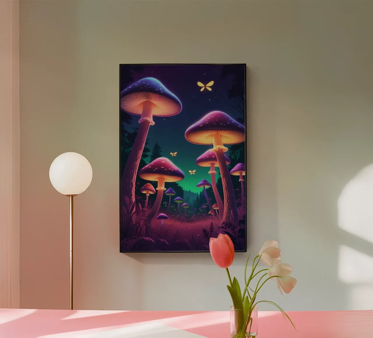 Setas bioluminiscentes y luciérnagas en la noche del bosque metacrilato de DesignDoodle
