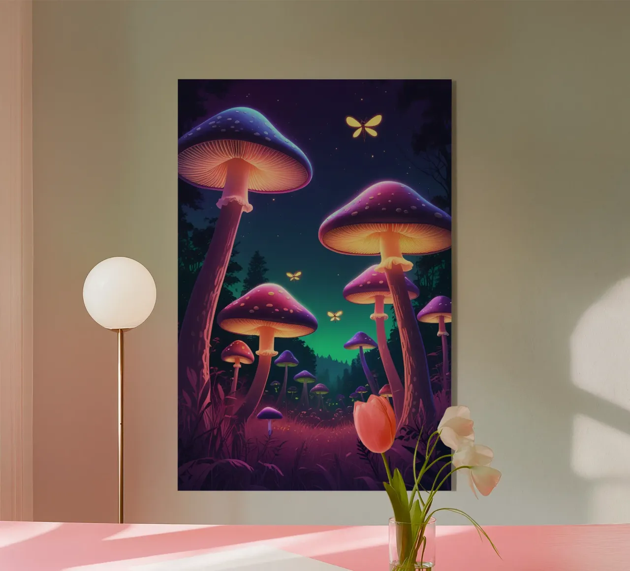 Setas bioluminiscentes y luciérnagas en la noche del bosque metacrilato de DesignDoodle