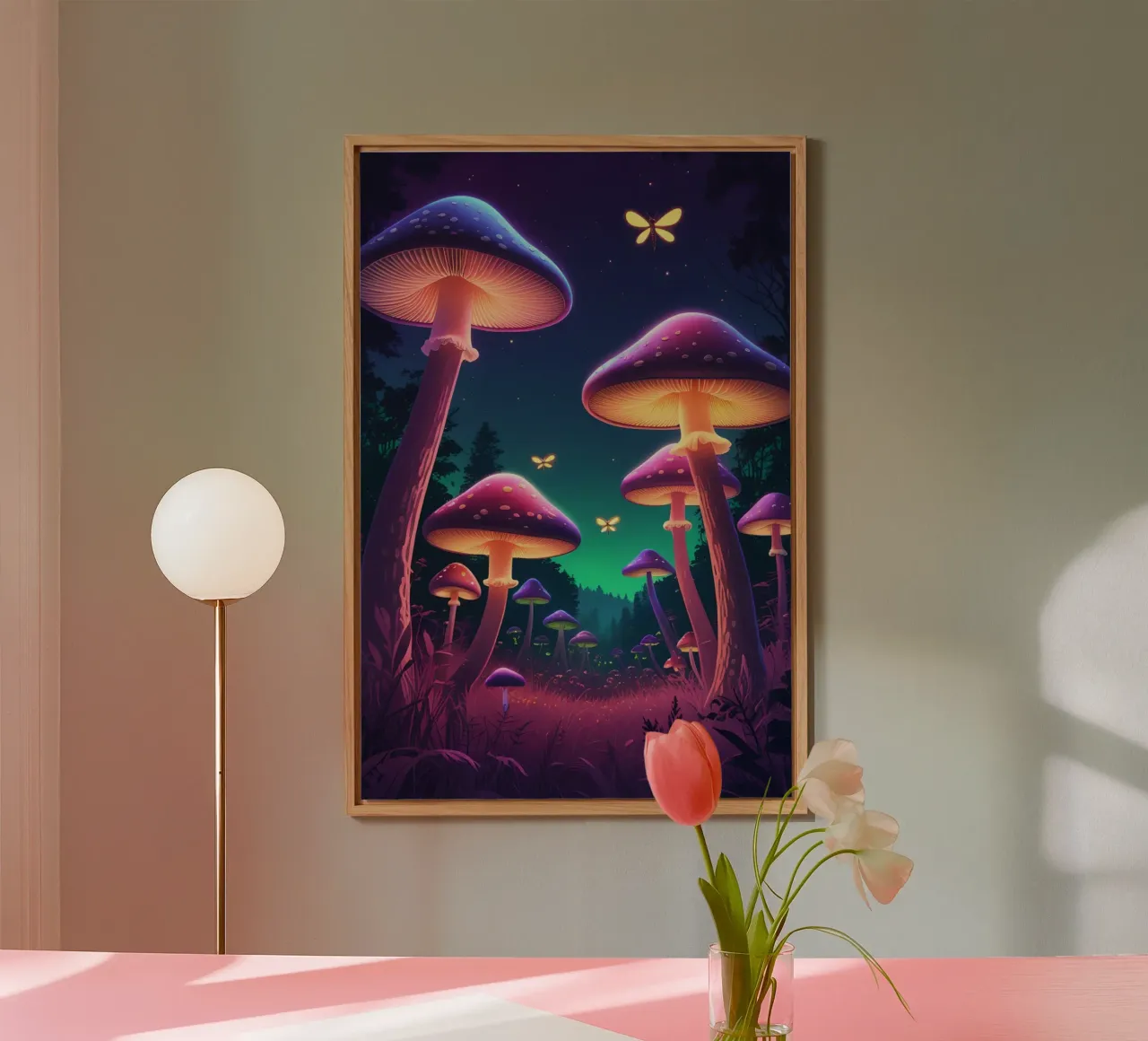 Funghi bioluminescenti e lucciole nella notte della foresta alluminio dibond da DesignDoodle