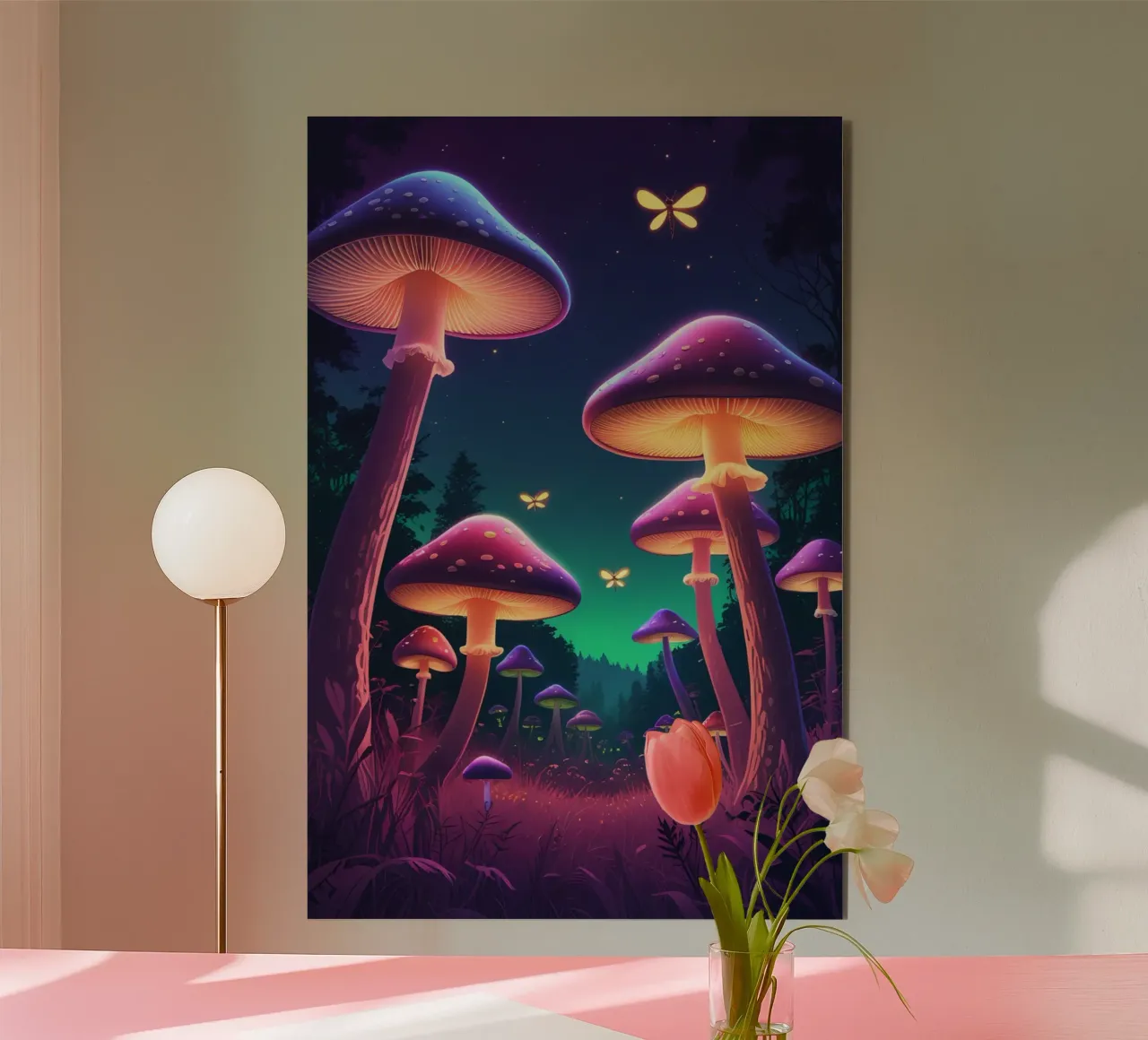 Funghi bioluminescenti e lucciole nella notte della foresta alluminio dibond da DesignDoodle