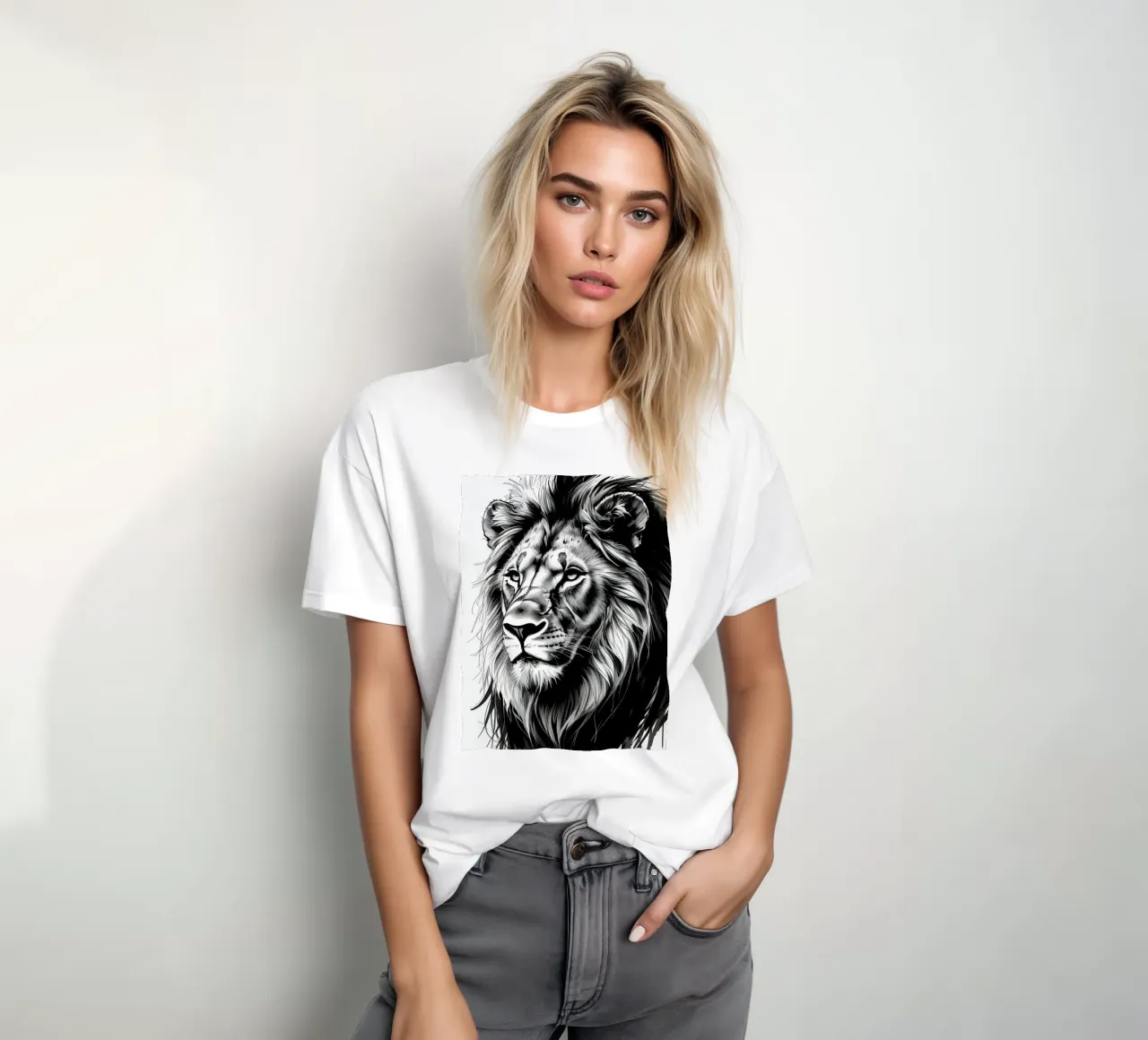 Ritratto di leone in bianco e nero t-shirt da DesignDoodle