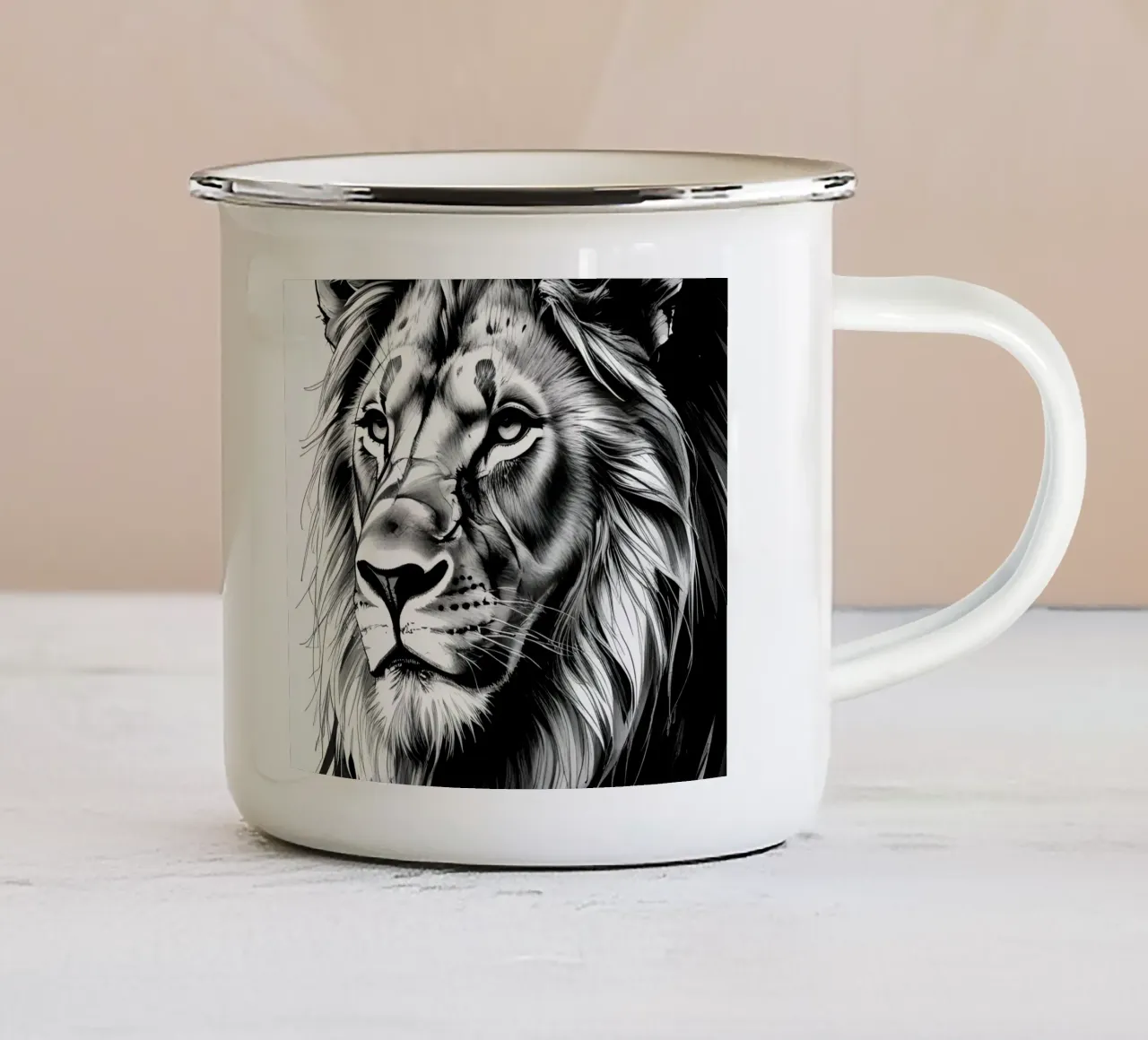 Zwart-wit leeuwenportret emaille mok van DesignDoodle