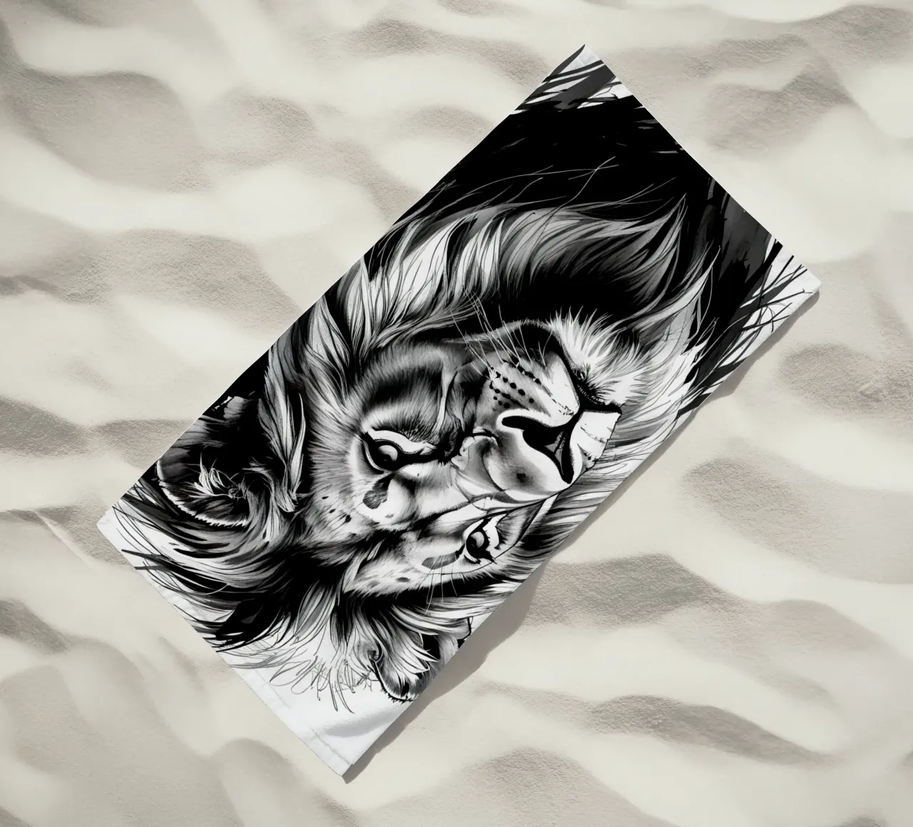 Ritratto di leone in bianco e nero telo mare da DesignDoodle