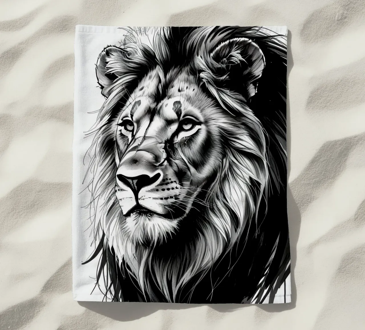 Ritratto di leone in bianco e nero telo mare da DesignDoodle