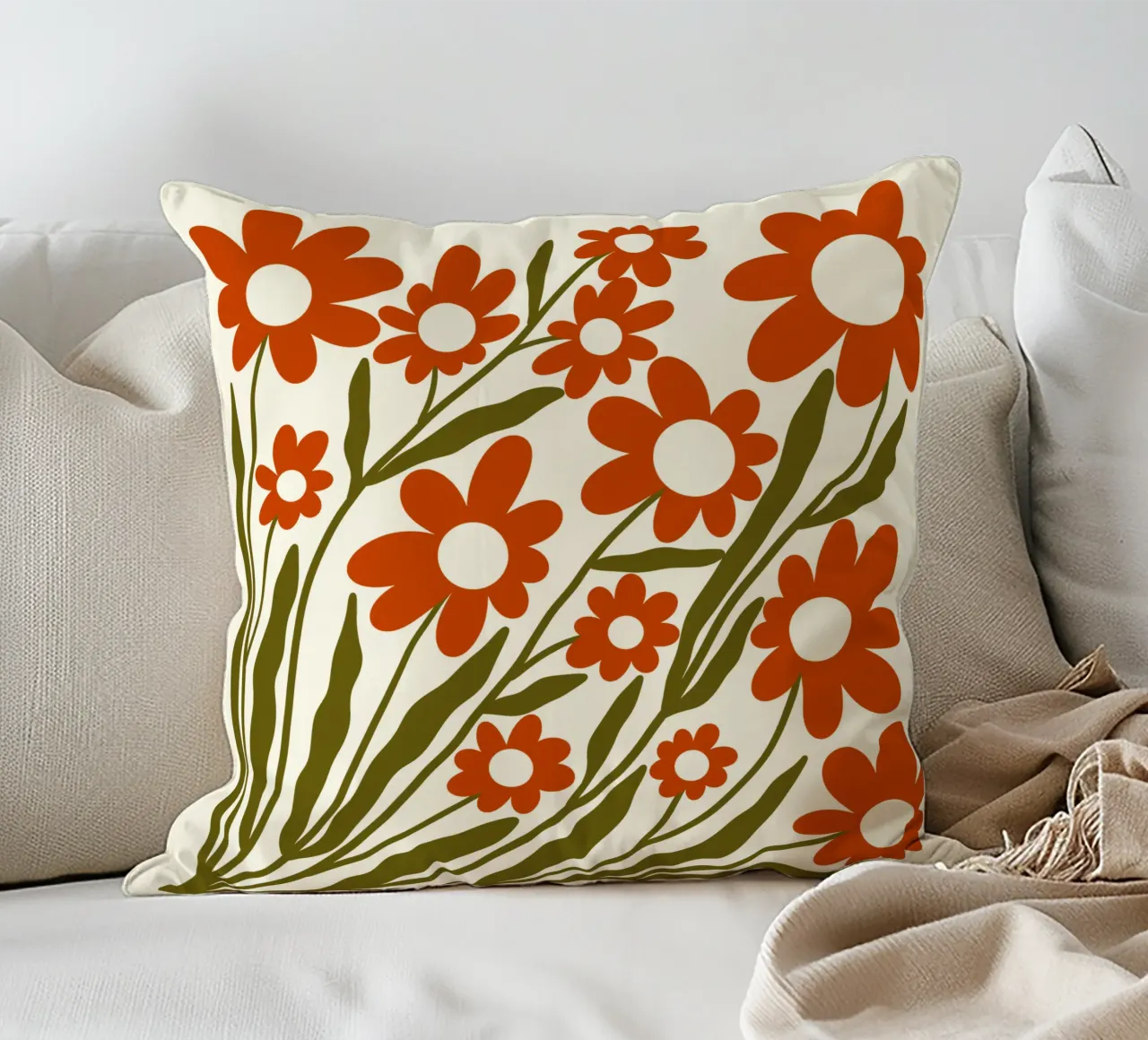 Groovy Retro 60s Orange Flowers cuscino da TijanaArtStudio88