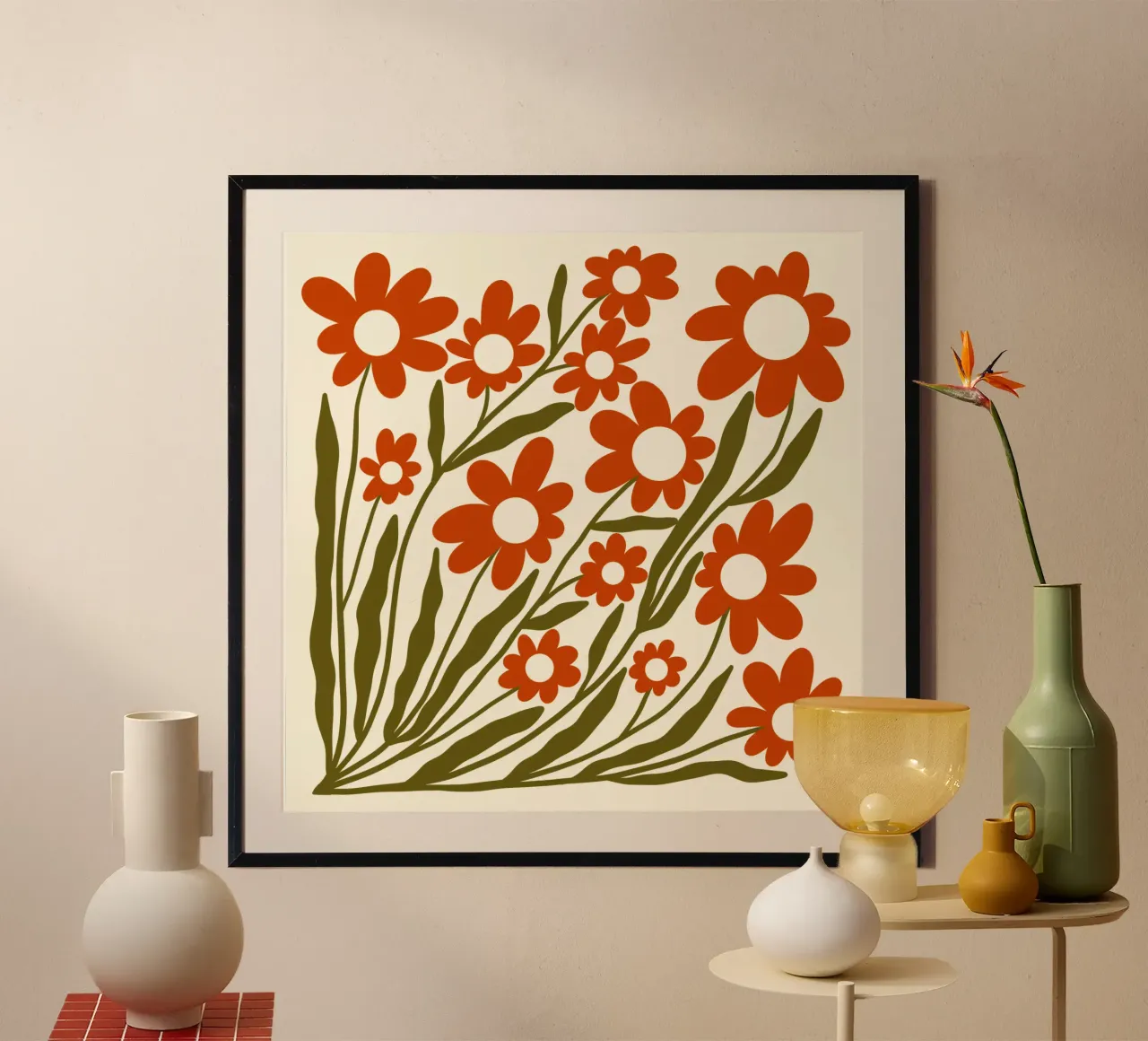 Groovy Retro 60s Orange Flowers carta hahnemühle da TijanaArtStudio88