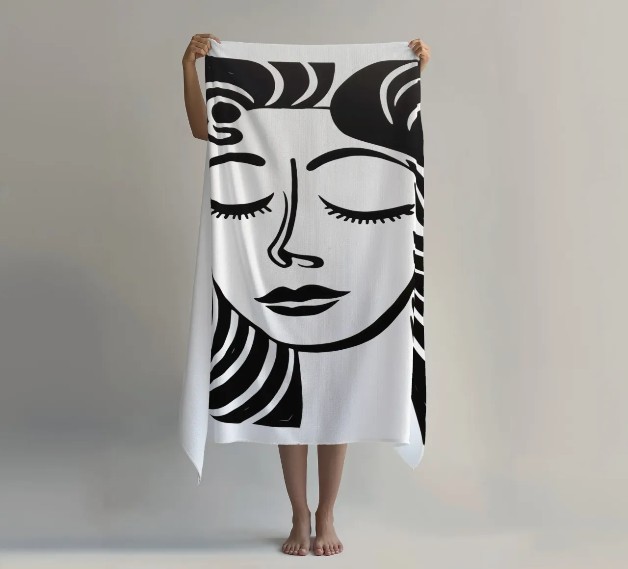 Ritratto minimalista di una donna sognante in bianco e nero telo mare da Autofocus