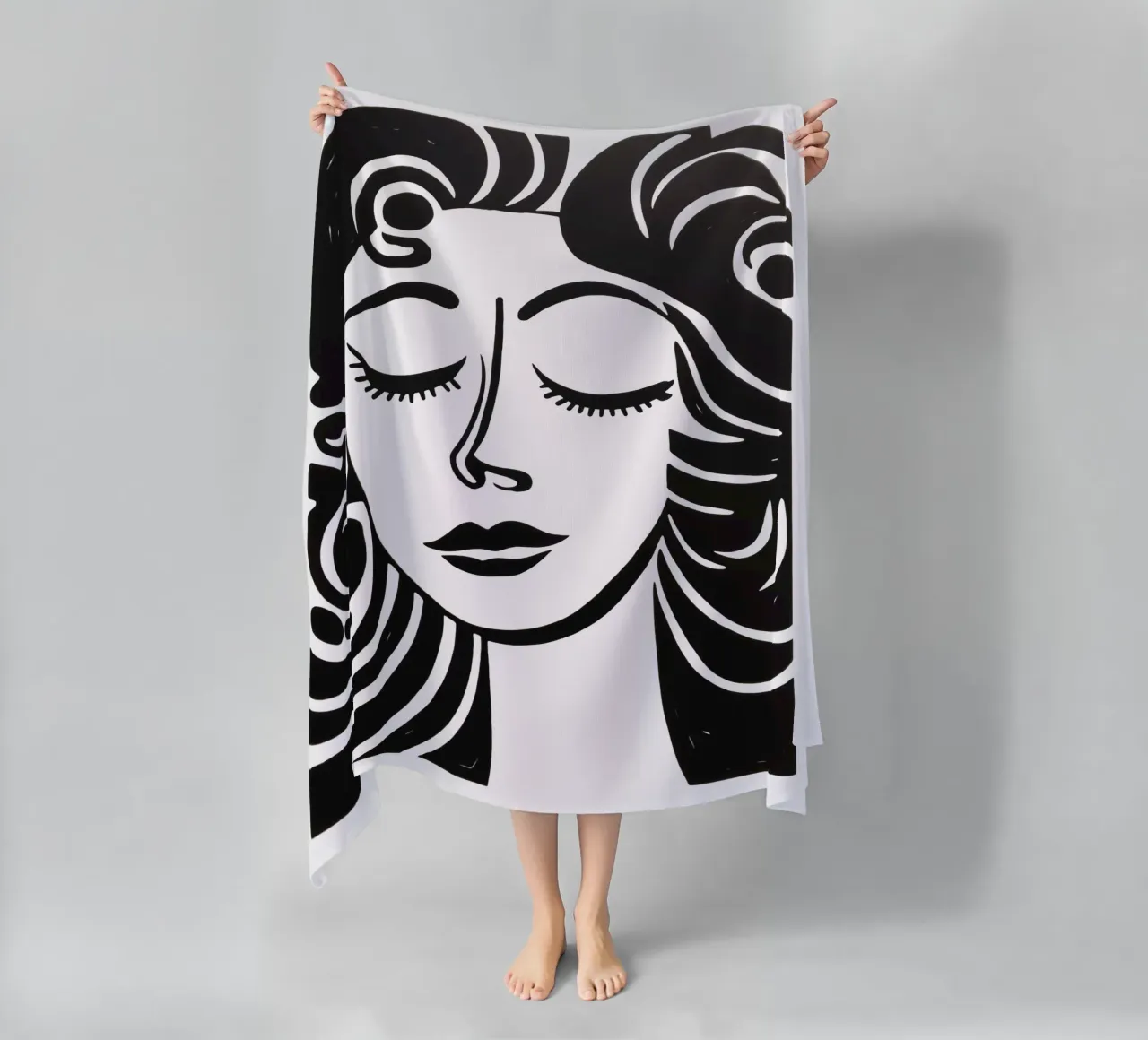 Ritratto minimalista di una donna sognante in bianco e nero telo mare da Autofocus
