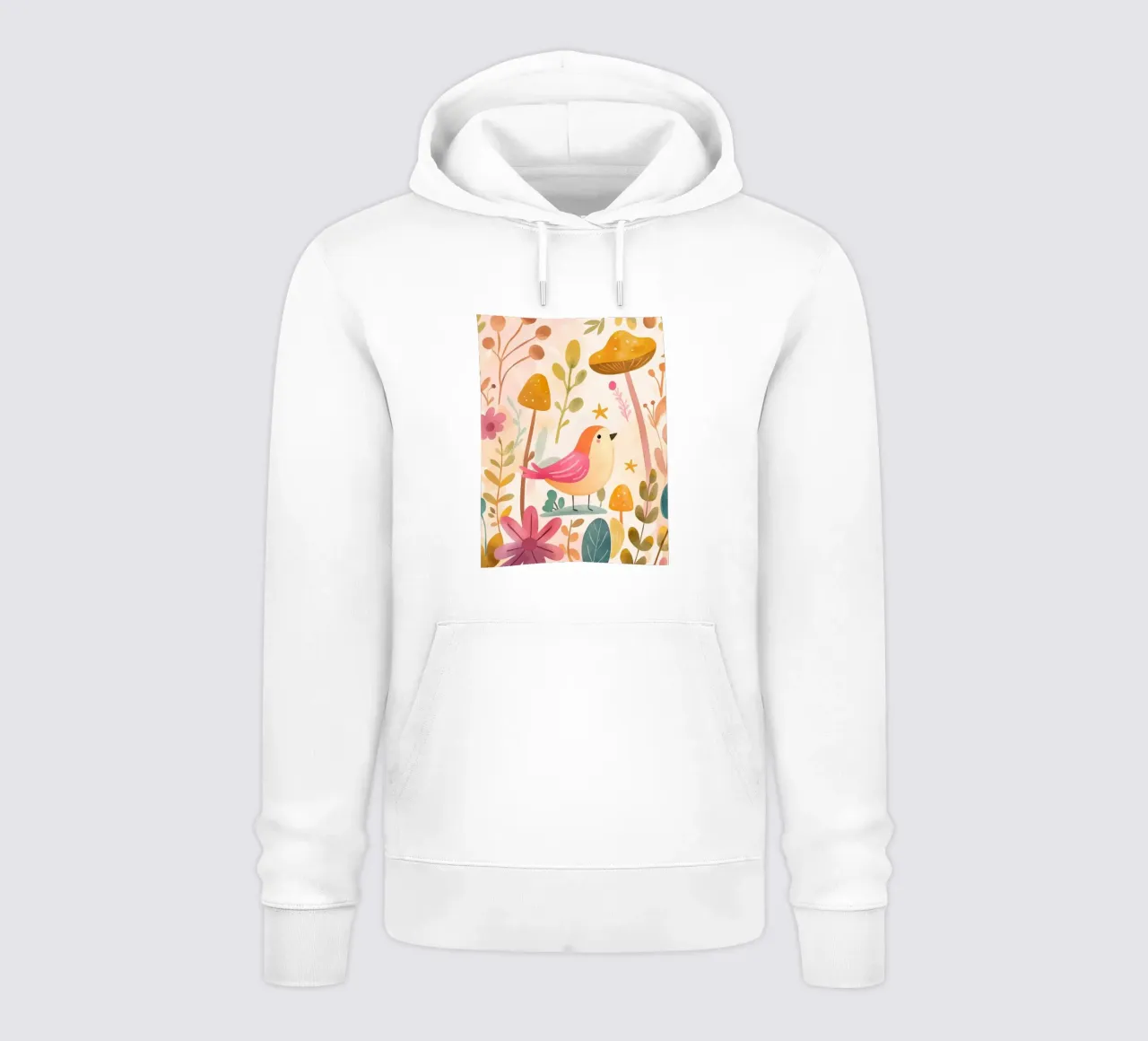 Uccello rosa stravagante in un giardino di funghi e fiori in stile bohémien felpa con cappuccio da GentleEchoes Dreamlight