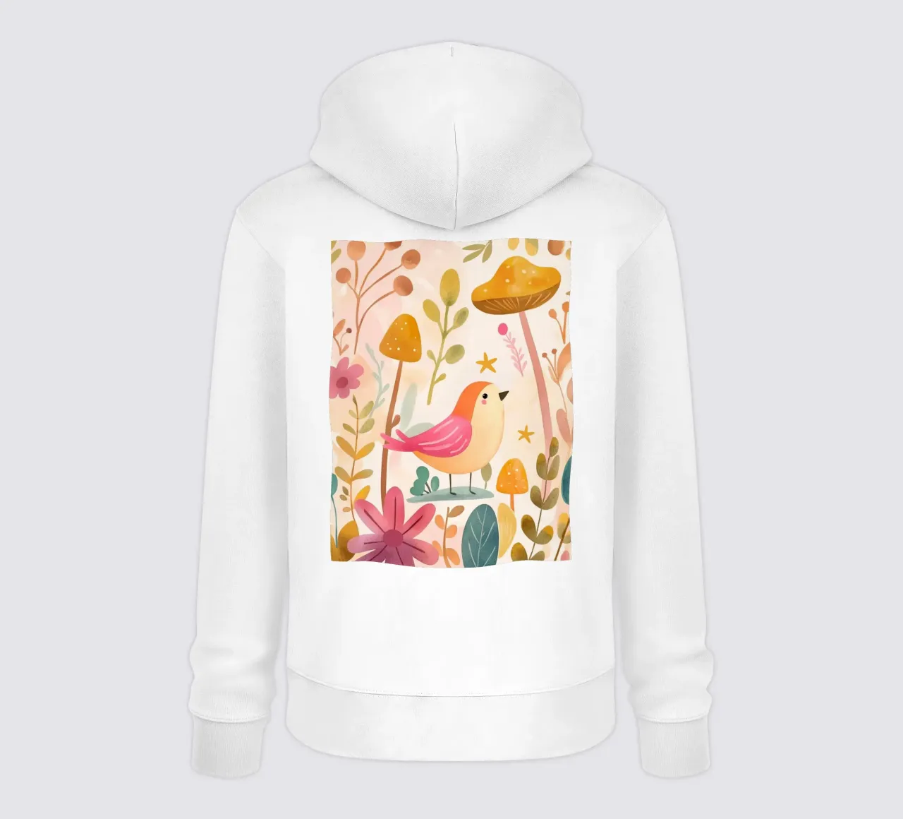 Uccello rosa stravagante in un giardino di funghi e fiori in stile bohémien felpa con cappuccio da GentleEchoes Dreamlight
