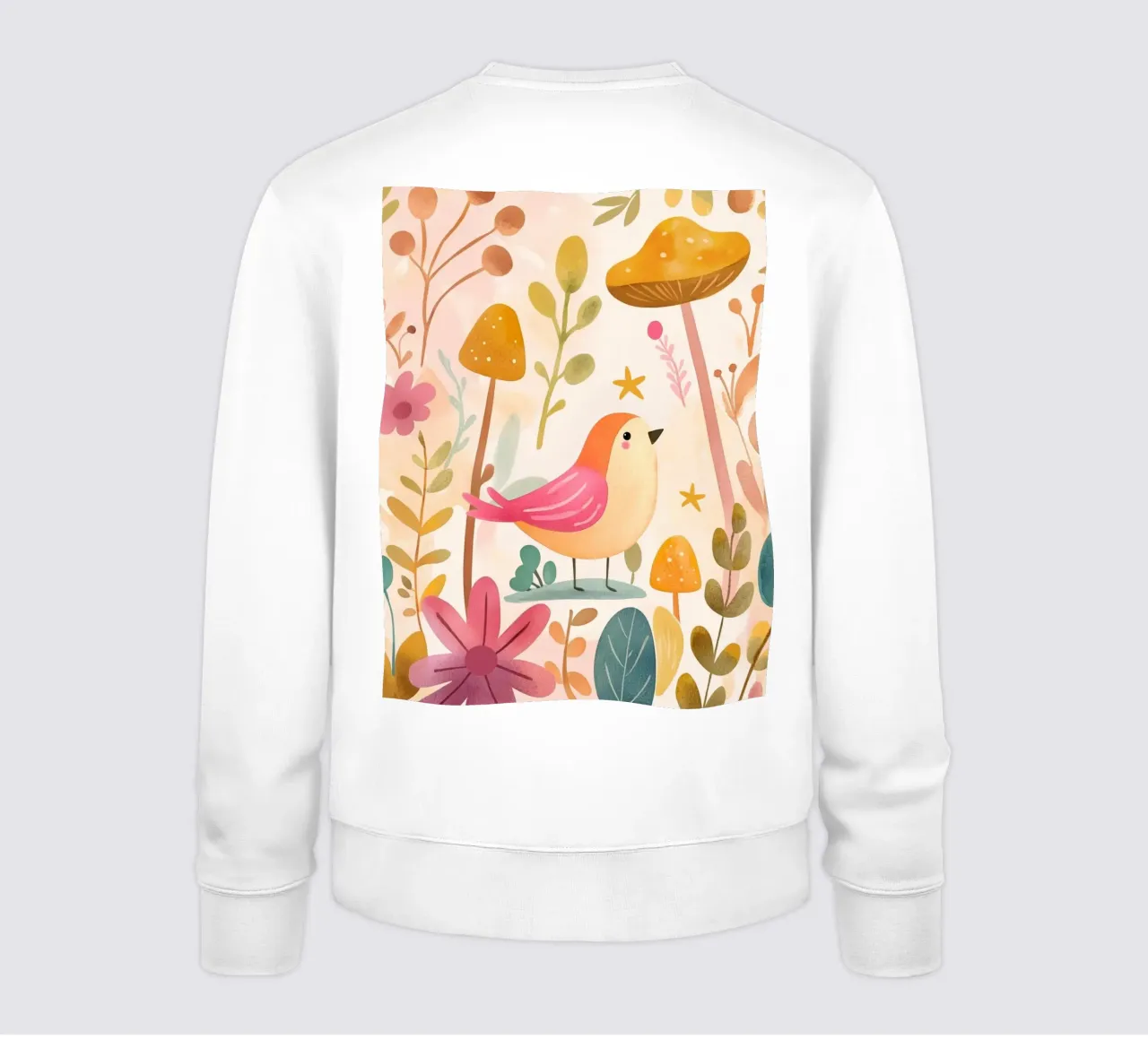Uccello rosa stravagante in un giardino di funghi e fiori in stile bohémien felpa da GentleEchoes Dreamlight