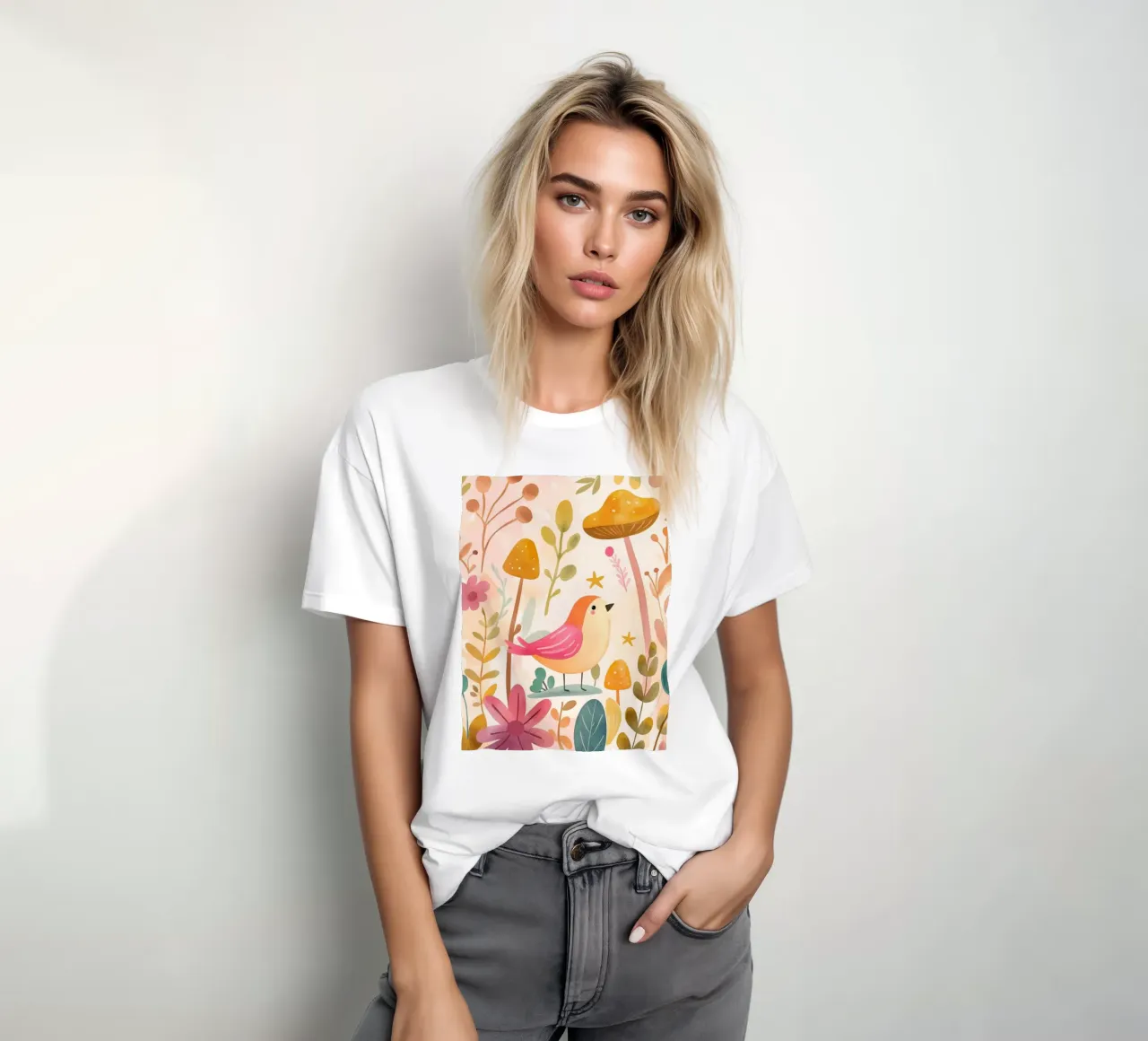 Uccello rosa stravagante in un giardino di funghi e fiori in stile bohémien t-shirt da GentleEchoes Dreamlight