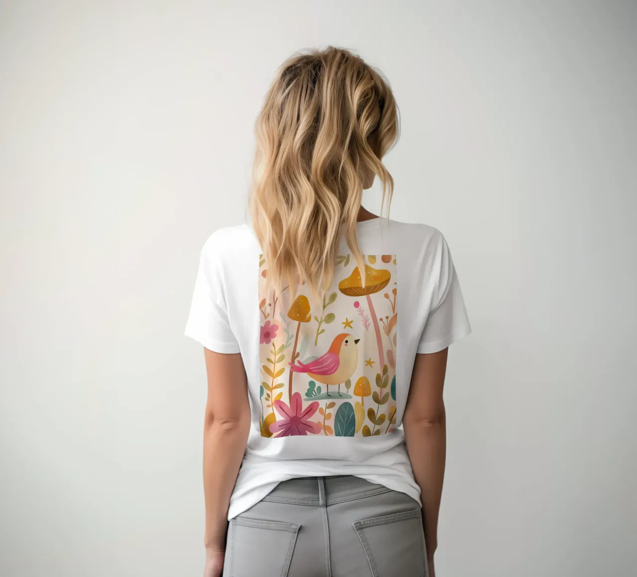 Uccello rosa stravagante in un giardino di funghi e fiori in stile bohémien t-shirt da GentleEchoes Dreamlight