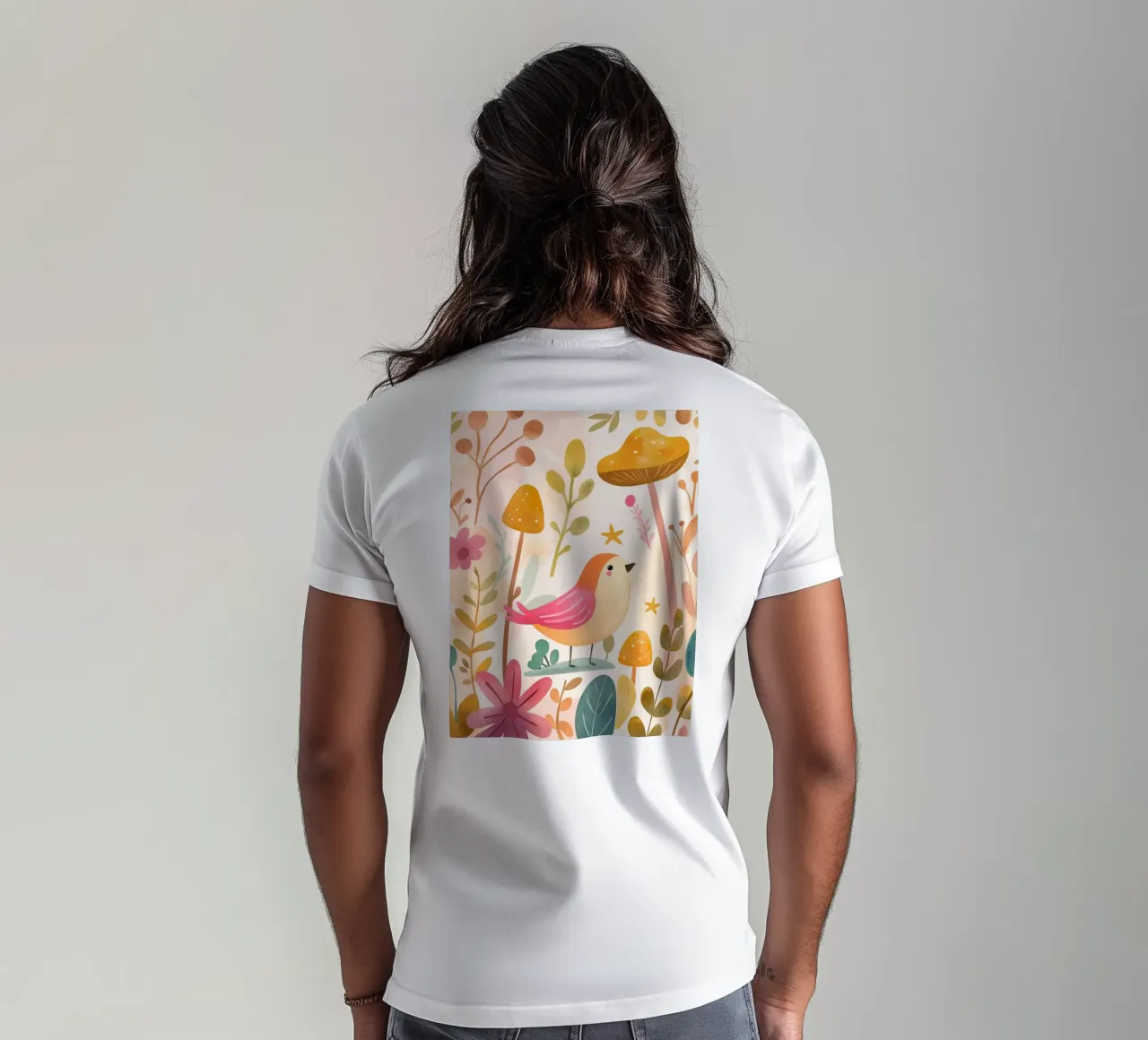 Uccello rosa stravagante in un giardino di funghi e fiori in stile bohémien t-shirt da GentleEchoes Dreamlight