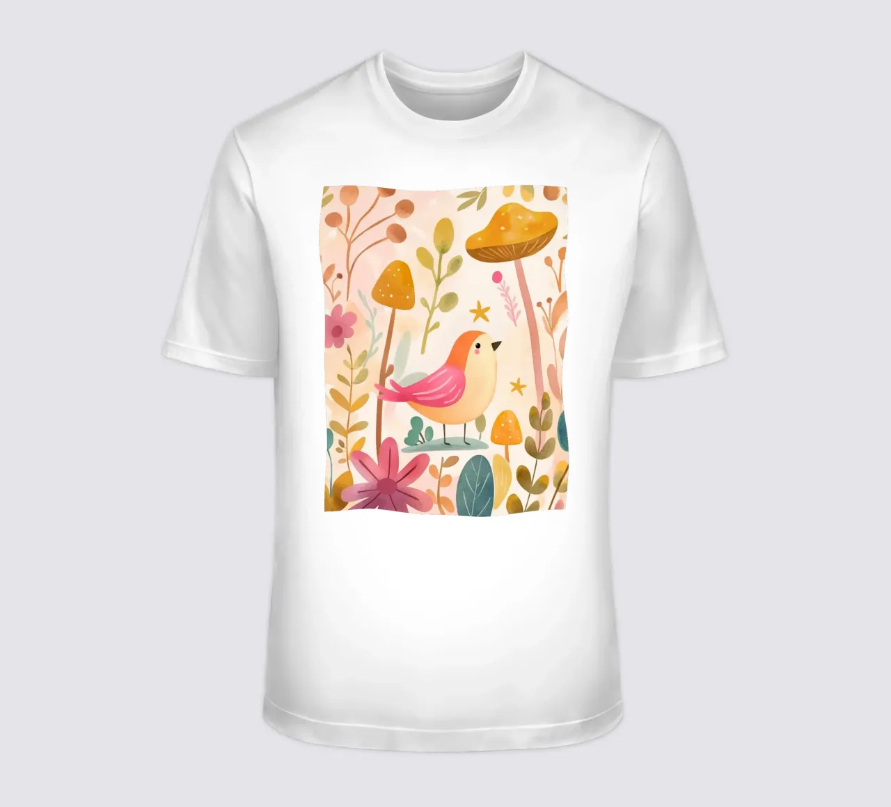 Uccello rosa stravagante in un giardino di funghi e fiori in stile bohémien t-shirt da GentleEchoes Dreamlight