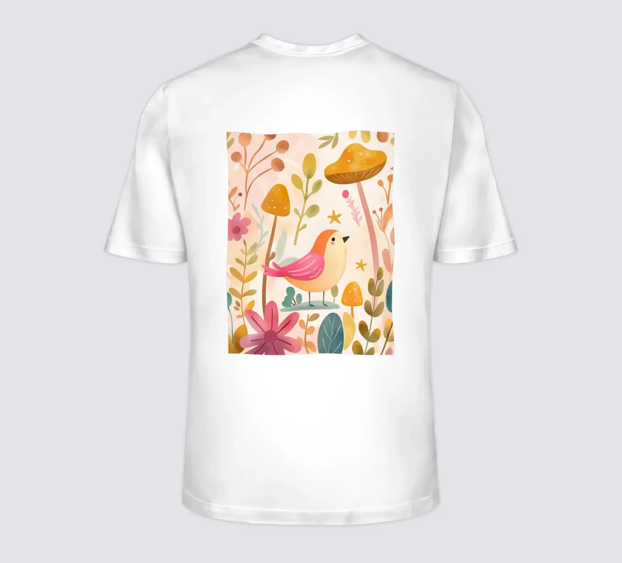 Uccello rosa stravagante in un giardino di funghi e fiori in stile bohémien t-shirt da GentleEchoes Dreamlight