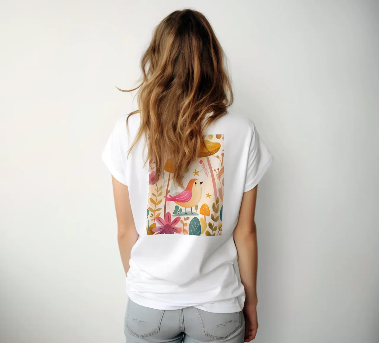 Uccello rosa stravagante in un giardino di funghi e fiori in stile bohémien t-shirt da donna da GentleEchoes Dreamlight