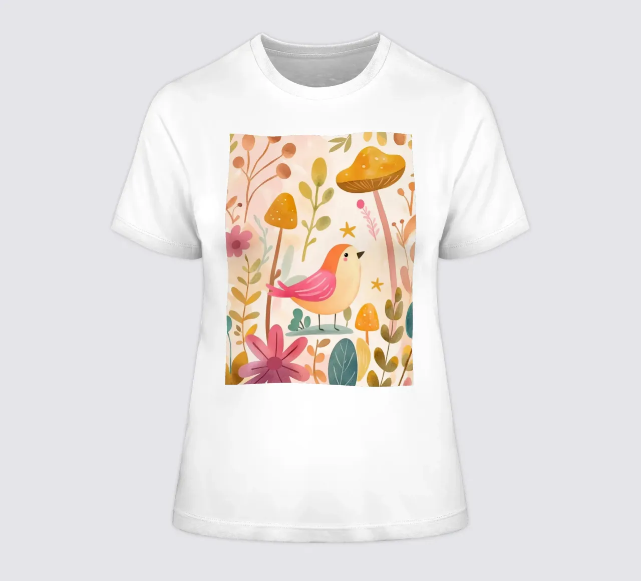Uccello rosa stravagante in un giardino di funghi e fiori in stile bohémien t-shirt da donna da GentleEchoes Dreamlight