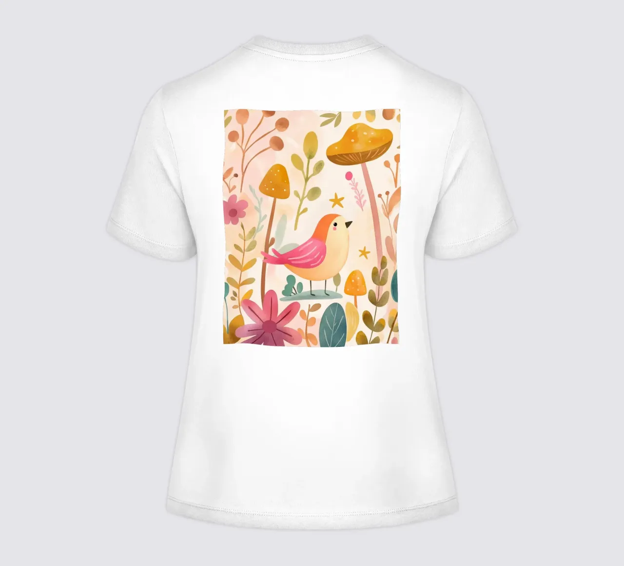 Uccello rosa stravagante in un giardino di funghi e fiori in stile bohémien t-shirt da donna da GentleEchoes Dreamlight