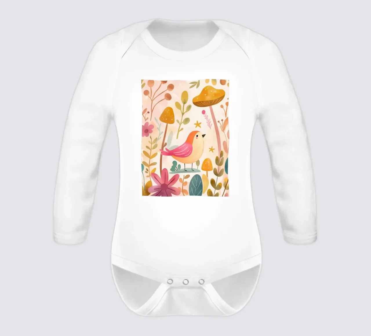 Uccello rosa stravagante in un giardino di funghi e fiori in stile bohémien body neonato maniche lunghe da GentleEchoes Dreamlight