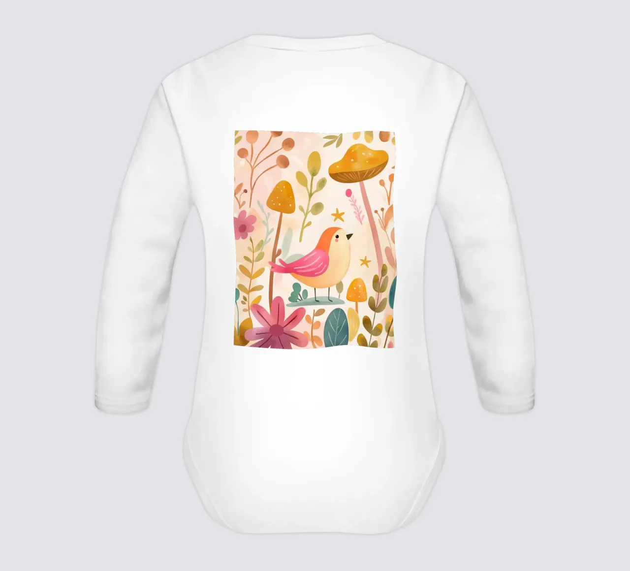 Uccello rosa stravagante in un giardino di funghi e fiori in stile bohémien body neonato maniche lunghe da GentleEchoes Dreamlight